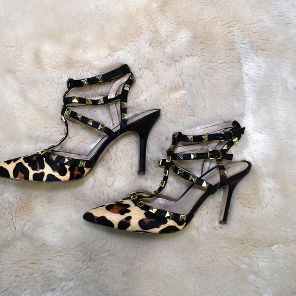 BCBG Darron Leopard Studded Strappy Stiletto Heels 7.5 Pointed Toe - Picture 9 of 11